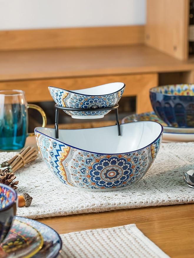 YHOSSEUN Chip and Dip Serving Set, 2 Tierd Serving Bowl Set Ceramic Chip and Dip Bowls with Stand, Serving Dishes for Entertaining Appetizer Serving Food Display Stand for Parties