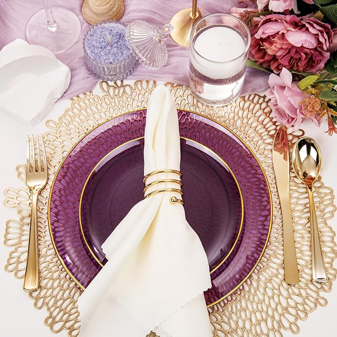 YOUBET 125PCS Purple Plastic Plates - Purple Disposable Plates With Gold Rim - Include 50 Dinner & Dessert Plate, 75 Gold Cutlery Perfect for Wedding Parties