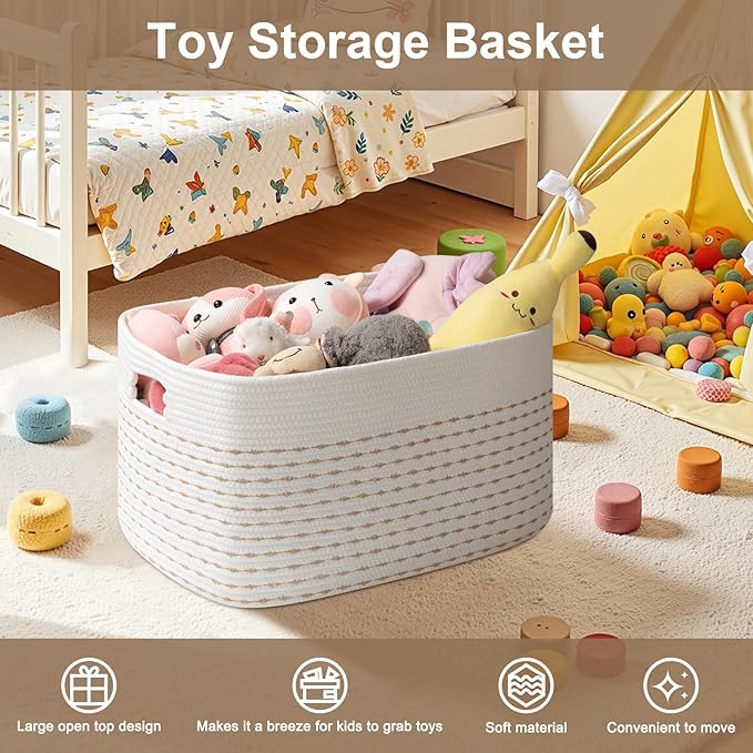OIAHOMY 75L Blanket Basket, Woven Cotton Rope Basket for Organizing 22”x17”x12”, Used for Living Room, Bedroom, Nursery, Light Yellow & White