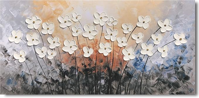 Yihui Arts Hand-Painted Oil Painting on Canvas Textured White Floral Wall Art Modern Horizontal Decor for Living Room Bedroom Office