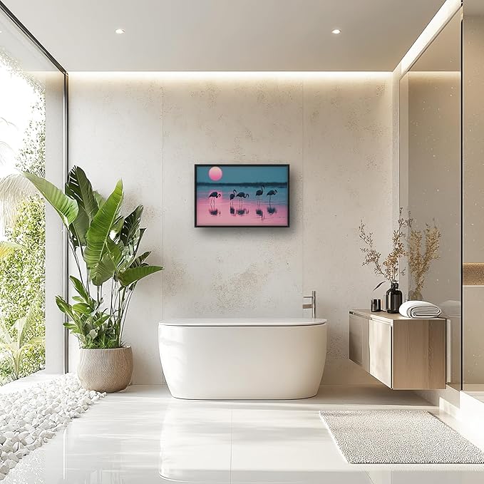 Olivine Flamingo Wall Art, Sunset Pictures Wall Decor, Beach Painting, Tropical Animal Canvas Prints, Framed Artwork for Bathroom Bedroom Living Room Office Home Decoration 36"x24"