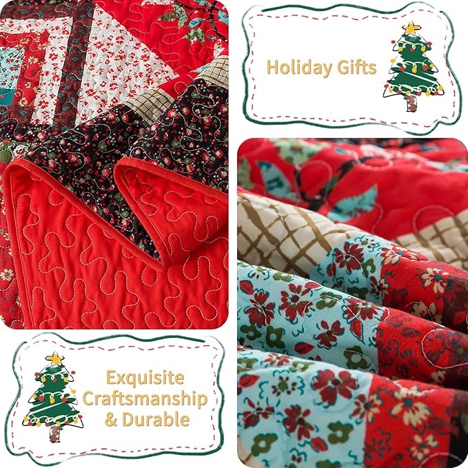 VAPUTAR King Quilt Bedding Set, Cotton Christmas Quilt Bedding Set Lightweight Coverlet with 2 Shams(98"X106"), King Quilts Set for All Season, Farmhouse Style Bedspread