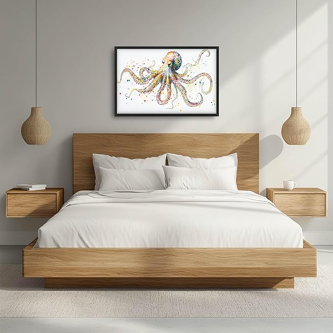 Octopus Large Wall Art for Living Room Framed, Octopus Wall Decor Pictures, Colorful Ocean Animal Canvas Print Painting, Aesthetic Artwork Bedroom Office Home Decor 36"x24"