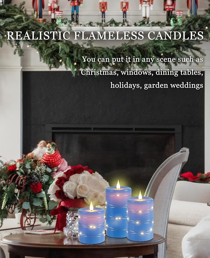 Da by Flameless Candles with String Lights,Battery Operated Candles,LED Flickering Candles with Remote Control and Timer, Real Wax, 3 Pack-Blue