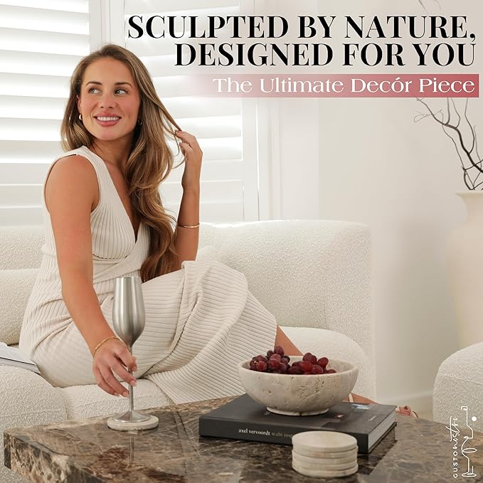 Gusto Nostro 8" Decorative Travertine Bowl for Coffee Table - Elegant Centerpiece, Aesthetic Fruit Bowl for Kitchen Counter - Heavy Stone Entryway Catch all, Jewelry, Potpourri - Travertine Decor