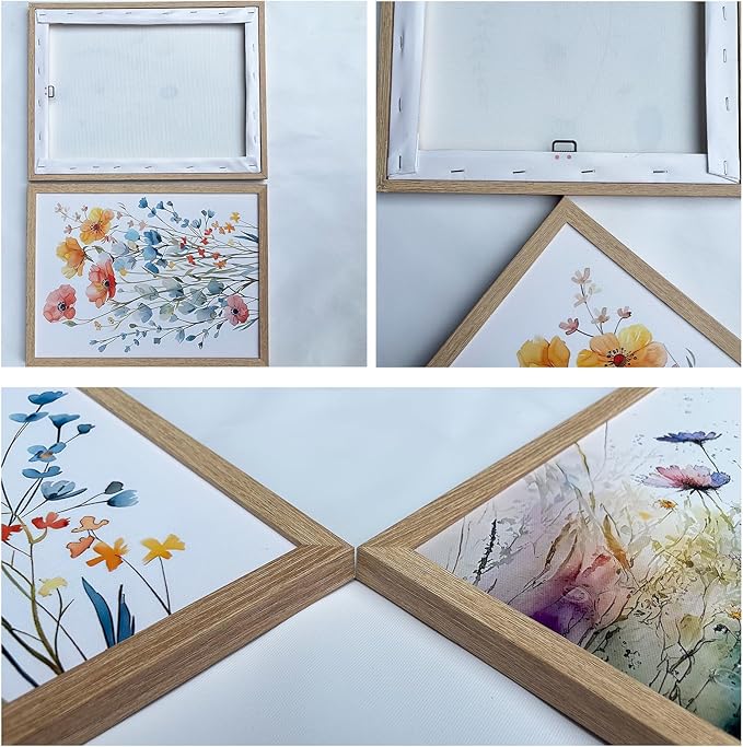 Framed Colorful Flowers Canvas Wall Art for Bathroom Decor, Blue Floral Print, Yellow Orange Flowers Artwork Pictures Poster for Bedroom Living Room Office Decoration 12"x16"x2 Panels