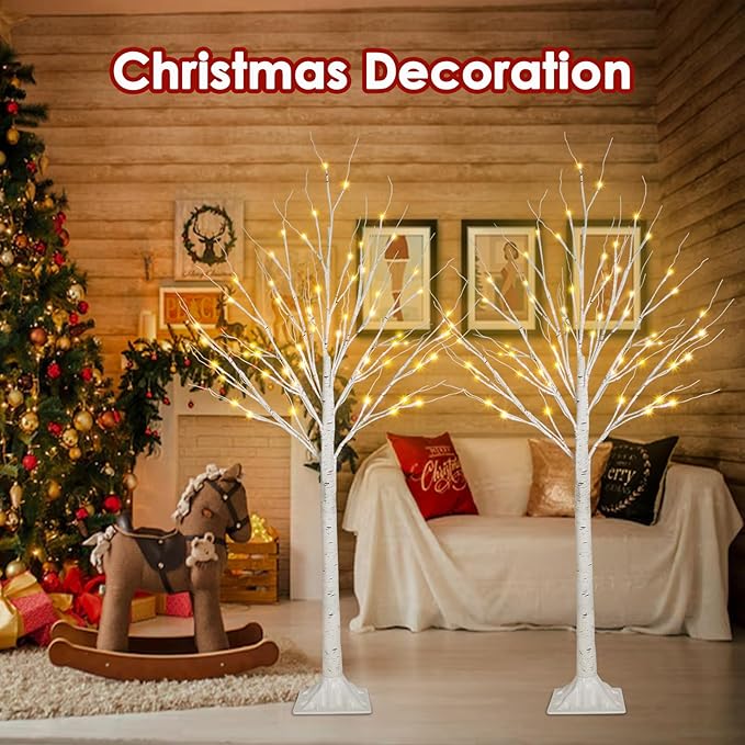 1-Pack 4FT Lighted Birch Tree (Higher & Floor Standing), Birch Christmas Tree for Indoor & Outdoor, Warm White 96 LED Birch Tree Lights for Outdoor Christmas Decorations Indoor Home Thanksgiving