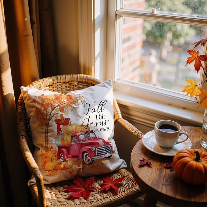 Christian Fall Pillow Covers 18x18, Farmhouse Autumn Decor, Fall for Jesus He Never Leaves Autumn Maple Leaf Pumpkin Pickup Truck Decorative Throw Pillow Covers for Home Bedroom Living Room