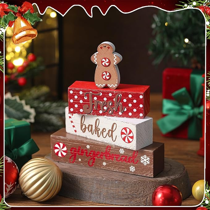 Geelin 4 Pcs Wooden Christmas Tabletop Decor Gingerbread Man Tiered Tray Decor Christmas Centerpiece Rustic Decorative Block Signs Gift Farmhouse Table Decoration for Home Kitchen