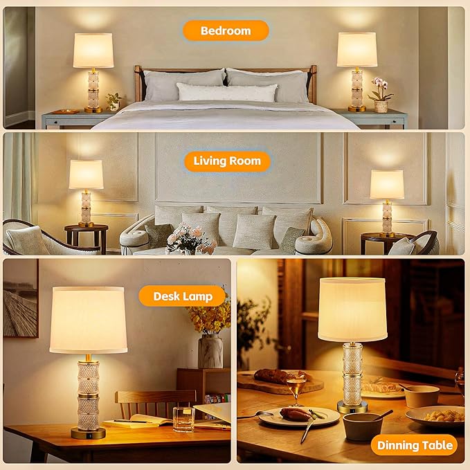 GRUENLICH Crystal Bedside Lamps Set of 2, Gold Bedroom Nightstand Light with Touch Control, 3-Way Dimmable Table Lamps, USB C+A Charging Ports for Living Room and End Tables