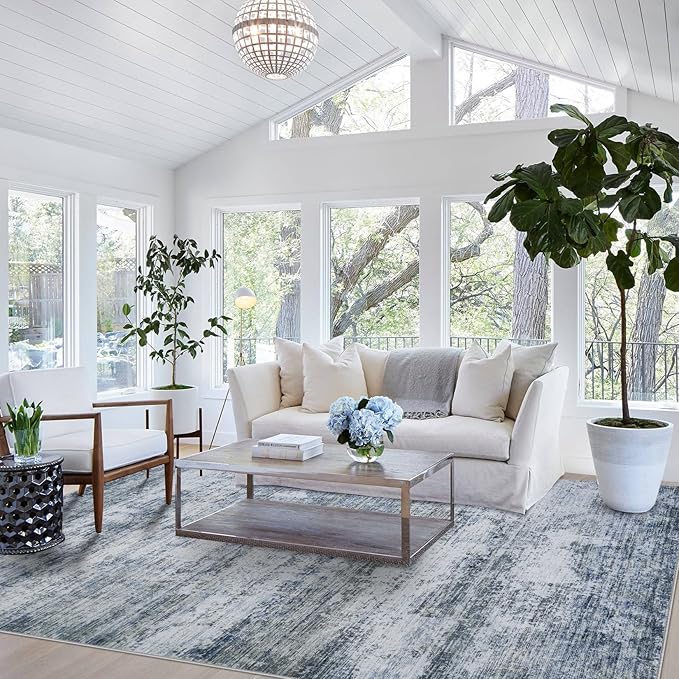 8x10 Area Rugs for Living Room: Large Machine Washable Area Rug with Non Slip Backing Non Shedding Abstract Stain Resistant Carpet for Bedroom Dining Room Nursery Home Office - Blue/Gray
