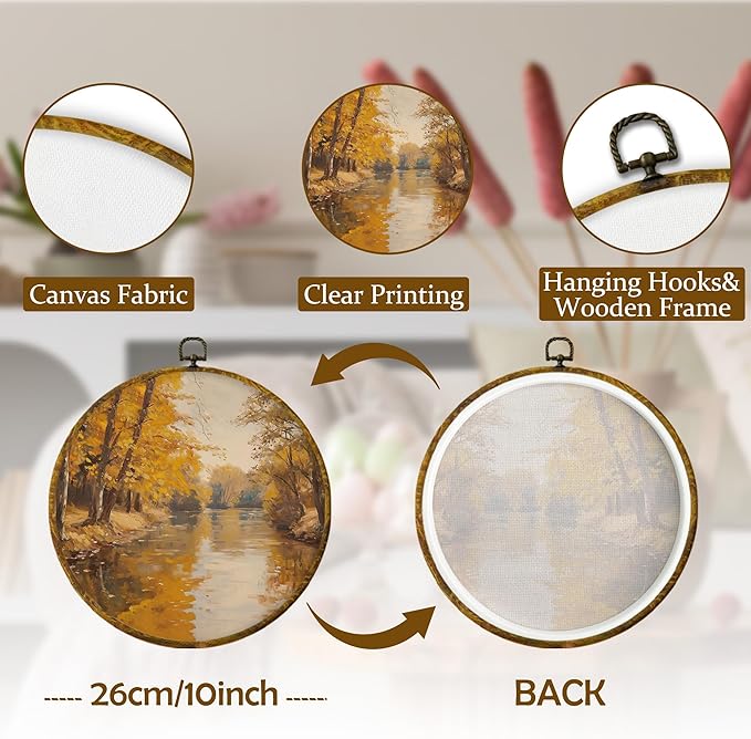 Mcehtle Vintage Fall Wall Art Decor, Rustic Nature Autumn Tree Landscape Framed Canvas Prints 10x10, Farmhouse Fall Seasonal Round Wall Hanging Artwork Decorations for Bedroom Living Room Home