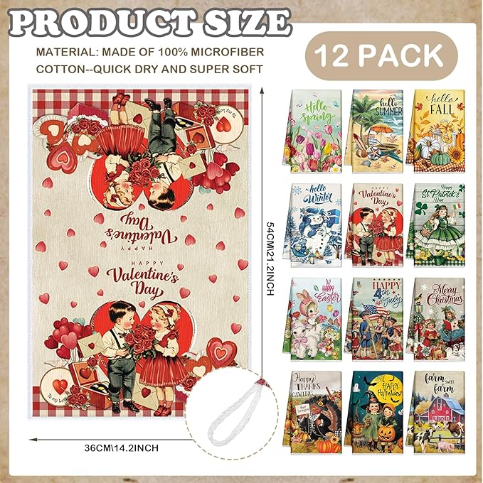12 Pcs Seasonal Kitchen Towels Set for All Holidays Hand Dish Tea Towels Fall Halloween Christmas Cute Drying Dishcloths Decorative Absorbent Wash Cloths(Vintage Style)
