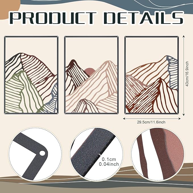 Peryiter 3 Pcs Metal Wall Art Decor Landscape Mountain Wall Hanging Decor for Living Room Abstract Minimalist Modern Mountain Line Pictures Summer Bathroom Office Home Gifts Indoor(Colorful)