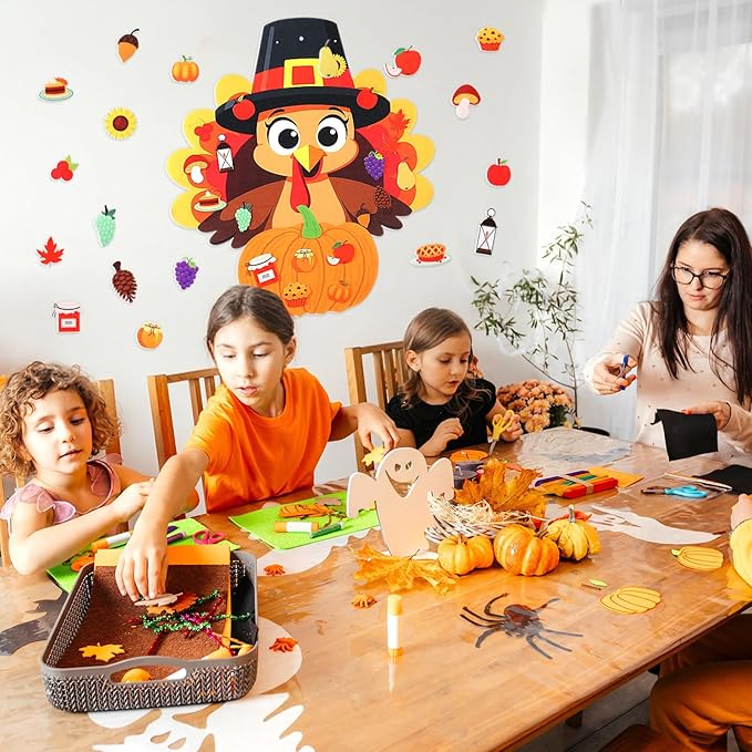 Thinkday 37-Piece Fall Thanksgiving Felt Craft Kit, DIY Pumpkin Felt Set DIY, Pumpkin 36 Detachable Fall Squirrel Pine Cones Corns Ornaments for Playing(Turkey)