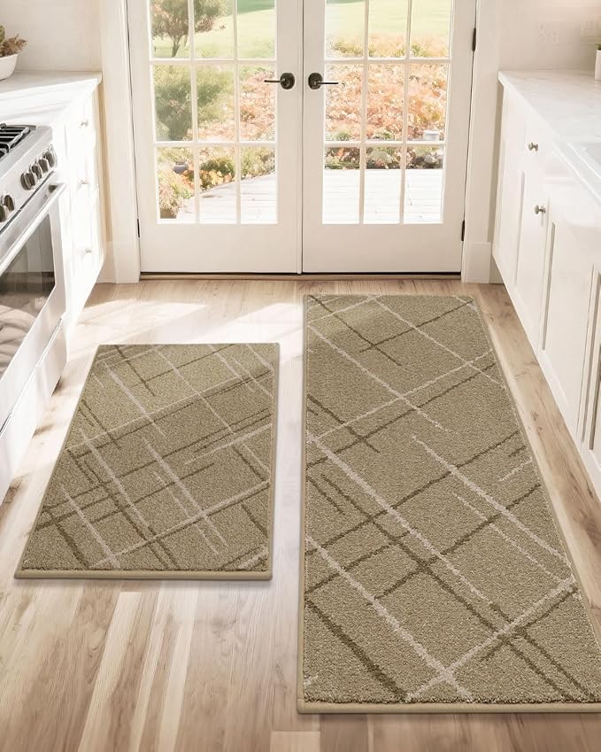 COSY HOMEER Kitchen Mats, 2 PCS Kitchen Rug Non Slip Washable, Absorbent Runner Rugs for Kitchen Floor, Polyester Kitchen Sink Rug 24"x36" + 24"x60"(Beige)