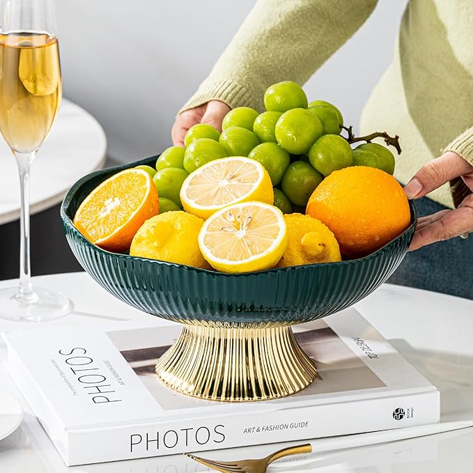 Ceramic Fruit Bowl,10” Pedestal Bowl, Decorated Fruit Tray for Kitchen Counter and Dining Table, Footed Bowls for Afternoon Tea Parties, Bread and Salad Bowl with Golden Feet. (green)