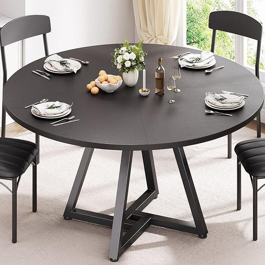 42“ Round Kitchen Dining Room Table for 2-4, Circle Dining Dinner Table with Pedestal Metal Frame, Space Saving Wood Industrial Furniture for Small Space (Black, 42IN)