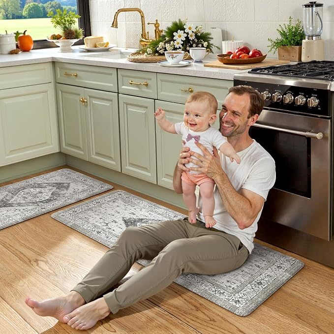 KIMODE Anti Fatigue Kitchen Mats, Boho Vintage Kitchen Rugs Sets of 2, Non Slip Waterproof Kitchen Floor Mats, Ergonomic Cushioned Standing Mats for Sink, Laundry, Desk Grey 20"x47"+20"x32"