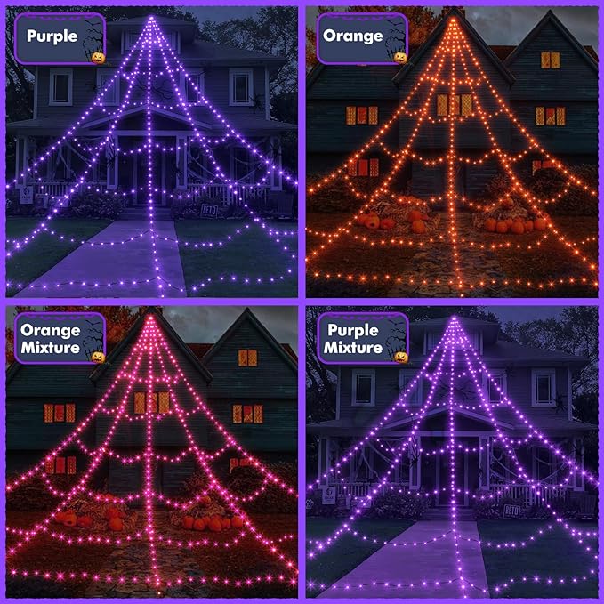 Spider Webs Halloween Decorations Outdoor 455 LED Halloween Spider Web Lights Decoration with 59" Large Spider & 3.53 oz Stretch Cobweb 11 Lighting Modes 16.4 Ft Light Up Giant Spider Web