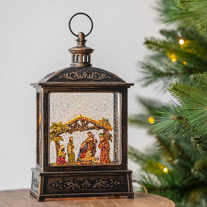 Christmas Snow Globe Glittering Nativity Scene with Music & Timer, USB Lined/Battery Operated Lighted Water Lantern for Christmas Festival Decoration Gifts