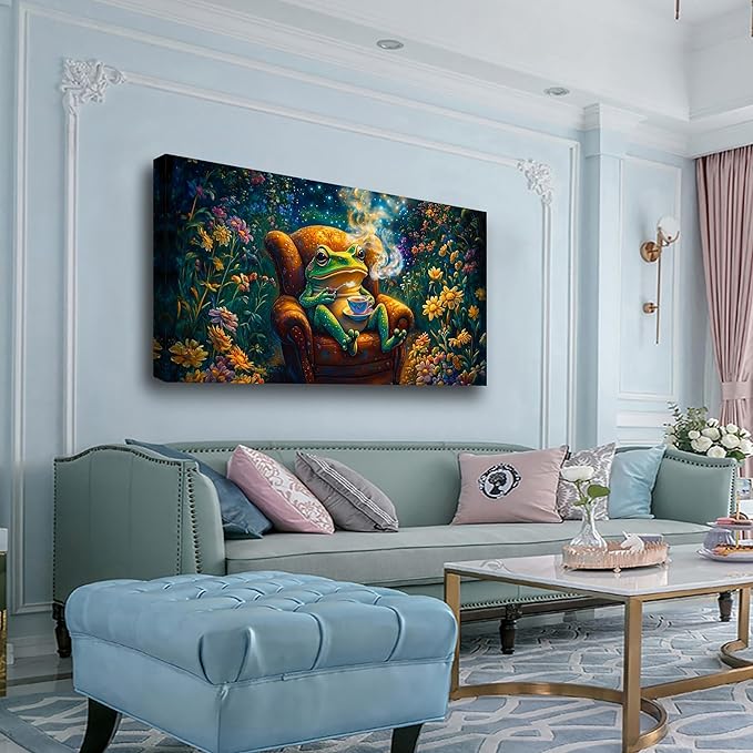 Garden Frog Sipping Tea Picture Print Canvas Wall Art Living Room Office Bedroom Wall Decoration Fantasy Wall Art Prints Modern Green Blue Landscape Artwork Waterproof Ready to Hang - 20x40 inches