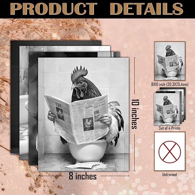 FITIE Funny Chicken Bathroom Wall Art Posters Set of 4, Chicken Bathroom Decor, Humorous Farmhouse Animal Rooster Hen Canvas Prints Artwork Wall Decor for Bath Room Washroom, 8x10 Unframed
