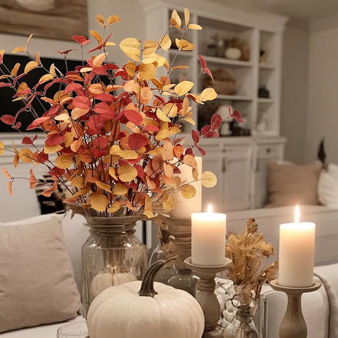 6 Pcs Artificial Eucalyptus Stems Fall Decorations with Fall Eucalyptus Leaves Autumn Decorations for Office and Home Artificial Plants for Floral Arrangement