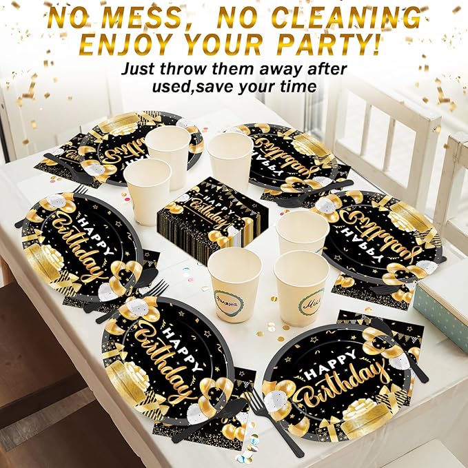 Birthday Oval Paper Plate 11inch Large Happy Birthdays Plates and Napkins, Black and Gold Party Decoration Favor Dish Tray for Man Woman Bday Baby Shower Holiday Gathering Supplies Tableware, 25 Guest