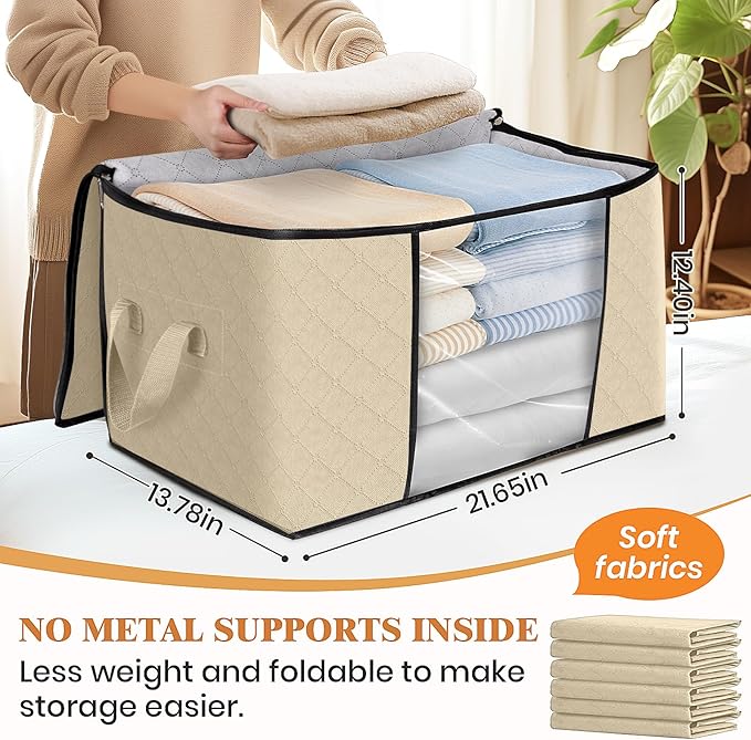 Fab totes 4 Pack Clothes Storage, Foldable Thick Fabric Blanket Storage Bags, Containers for Organizing Bedroom, Closet, Clothing, Comforter,Organization with Handle,Beige