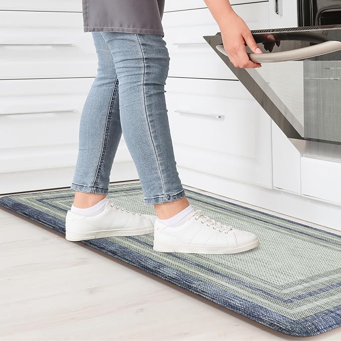 KIMODE Anti Fatigue Kitchen Mats, 17.3" x 29" Farmhouse Kitchen Rugs, Cushioned, Non-Slip Waterproof Comfort Thick Kitchen Floor Standing Mat for Corner Sink, Laundry Floor, Blue and Gray