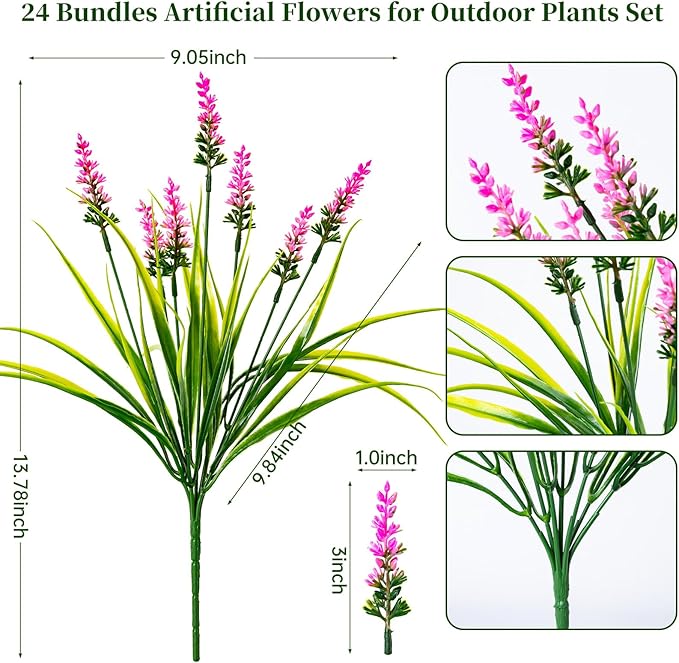 Artificial Flowers for Outdoor Plants 24 Bundles Fake Lavender Plastic Faux Monkey Grass for Verandah Window Garden Office Patio Front Porch UV Resistant for Planter(Pink)