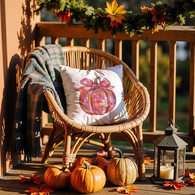 Coquette Pink Bow Disco Ball Pumpkin Fall Pillow Covers 18x18, Preppy Fall Decor, Funky Y2K Girly Pumpkin Autumn Decorative Throw Pillow Covers for Girls Room Dorm Home Bedroom Living Room