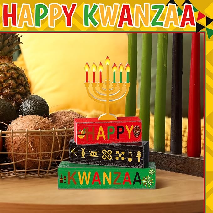 Geelin 4 Pcs Kwanzaa Wooden Table Centerpiece Set Wooden African Heritage Tiered Tray Decor Happy Kwanzaa Home Decor for Holiday Party Supplies