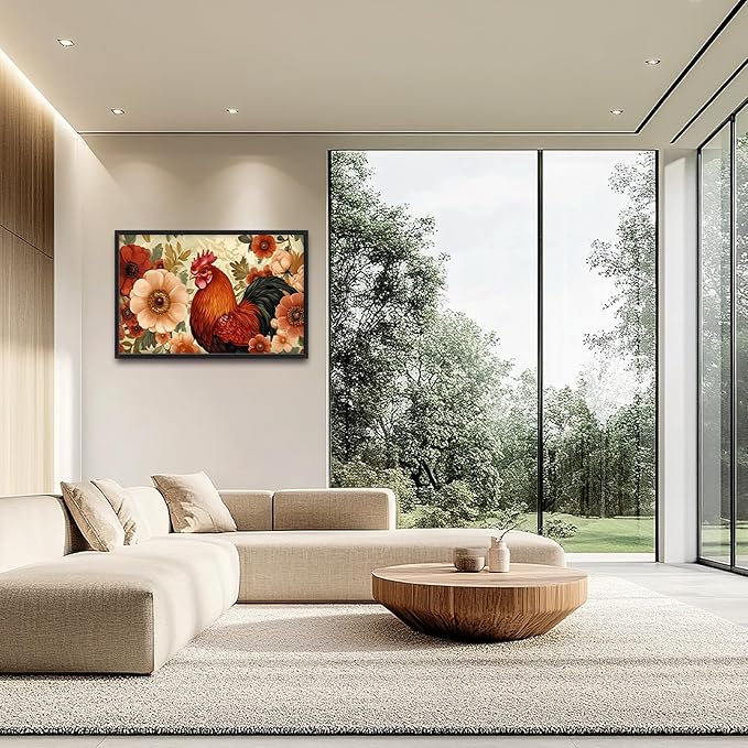 Lovira Farmhouse Rooster Large Wall Art Rustic Country Farm Chicken Floral Canvas Wall Decor Pictures Prints Painting Framed Artwork for Living Room Bedroom Bathroom Kitchen 24"x36"