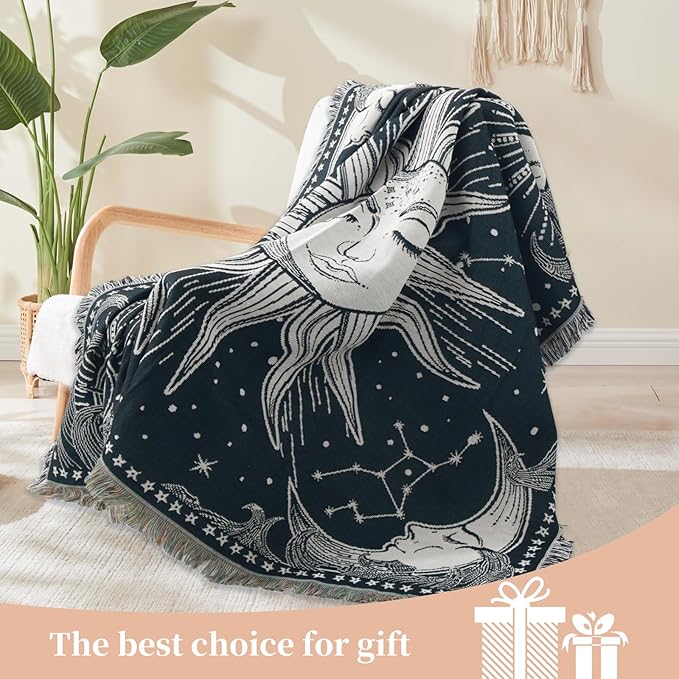 Boho Throw Blanket Reversible Cotton Bohemian Tapestry Hippie Room Decor Outdoor Blanket Double Sided (Navy Sun Moon 50"x60")
