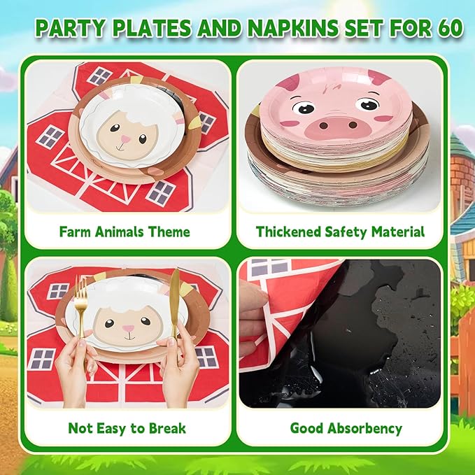 180Pcs Farm Animals Party Supplies Paper Plates and Napkins Serve 60 Disposable Tableware Set for Birthday Party Decorations Game Day Family School Holiday Sports Events