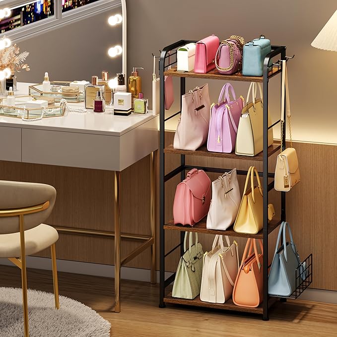 4-Tier Purse Organizer for Closet with 3 Side Hooks and 2 Baskets, High Capacity Purse Rack Stand for Purse Storage, Metal & Wood Handbag Holder for Handbag Organizer, Patent Pending