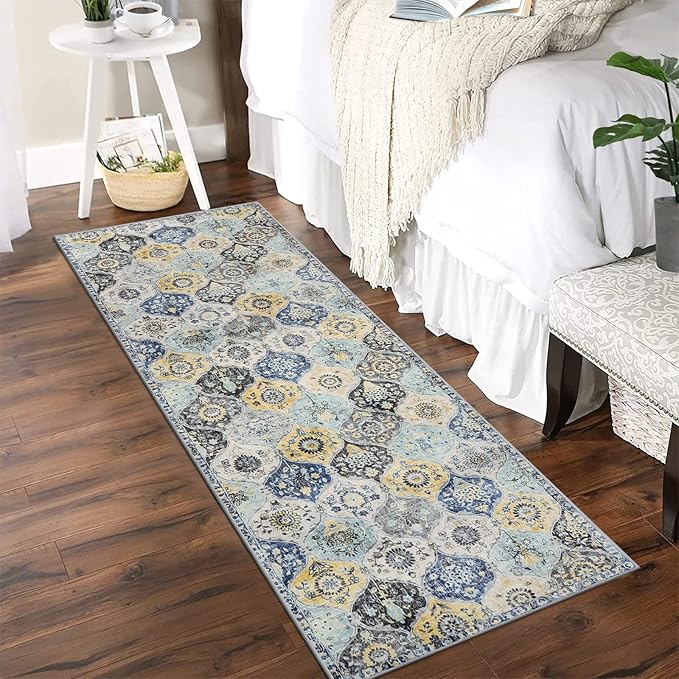Lahome Moroccan Washable Hallway Runner Rug, 2'5''x8' Ultra-Thin Carpet Runners for Hallways Kitchen, Oriental Vintage Non-Slip Laundry Room Rug for Entryway Bedroom Bathroom, Yellow/Aqua