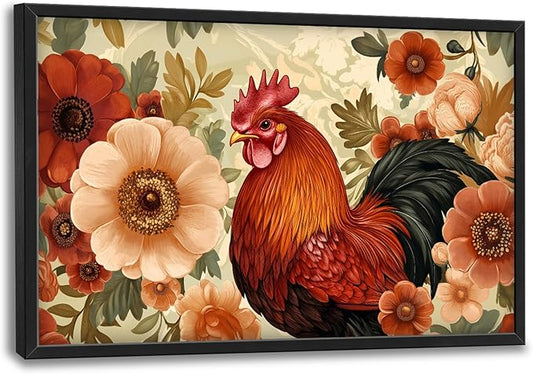 Lovira Farmhouse Rooster Large Wall Art Rustic Country Farm Chicken Floral Canvas Wall Decor Pictures Prints Painting Framed Artwork for Living Room Bedroom Bathroom Kitchen 24"x36"