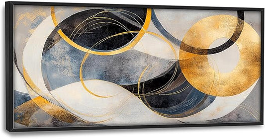 Large Abstract Wall Art for Living Room, Oversized Abstract Circle Wall Decor, Black and Golden Abstract Canvas Painting Modern Artwork Home Decoration for Living Room Bedroom Office Framed 60"x30"