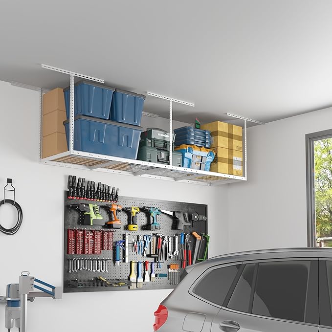 FLEXIMOUNTS 2x8 Overhead Garage Storage Rack,Adjustable Storage Organization System,Heavy Duty Metal Garage Ceiling Storage Racks,400lbs Weight Capacity,White