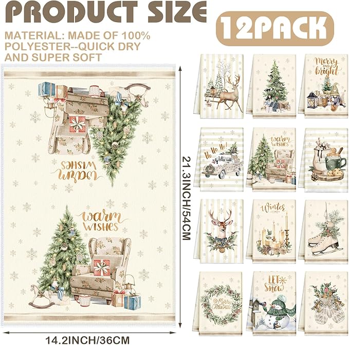 12 Pcs Christmas Kitchen Towels and Dishcloths Absorbent Christmas Tree Reindeer Truck Hand Dish Towels Decoration for Xmas Home Gift Supplies, 14.2 x 21.3 Inch(Cute Style)