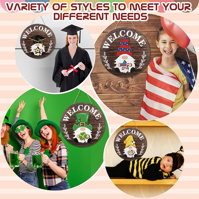 Qunclay Interchangeable Wooden Gnome Decor Holiday Seasonal Gnome Decorations with Magnet Pieces and Detachable Hats Changeable Welcome Sign for Home(Attractive Style)