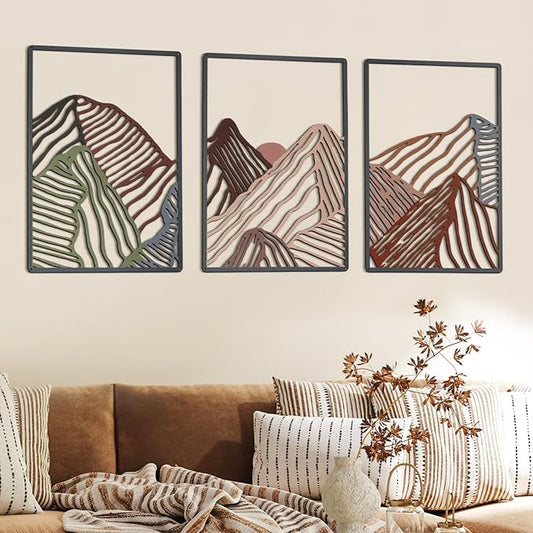 Peryiter 3 Pcs Metal Wall Art Decor Landscape Mountain Wall Hanging Decor for Living Room Abstract Minimalist Modern Mountain Line Pictures Summer Bathroom Office Home Gifts Indoor(Colorful)