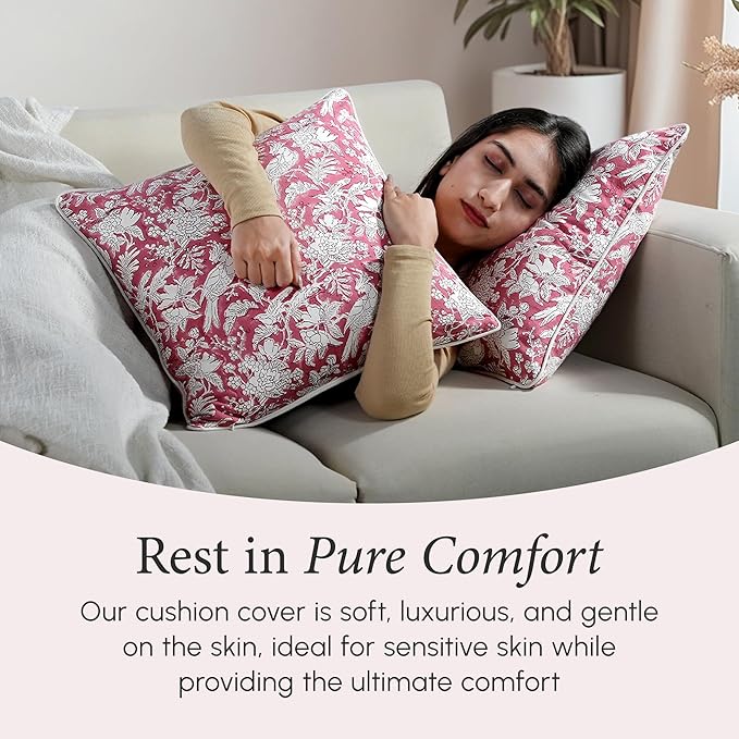 CPC 100% Cotton Throw Pillow Covers 20x20 Inch, Set of 2 Pink Block Print Pattern Couch Pillow, Cute Boho Decorative Pillows for Living Room, Bedroom with Hidden Zipper- Coral Pink