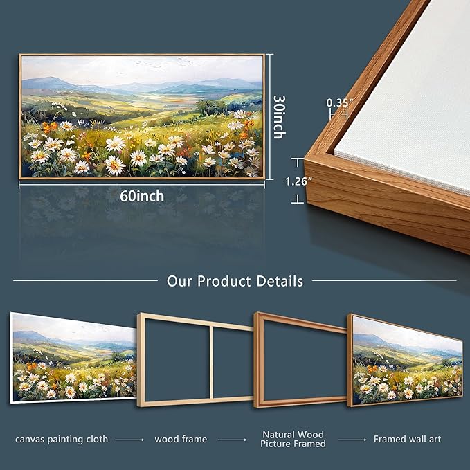 ZUITINGHUA Wood Framed Canvas Wall Art For Living Room Large Wall Decor For Office Bedroom Decoration Pastoral Scenery Pictures Flower Painting Artwork Room Wall Mural Aesthetic Home Decor 30x60 In