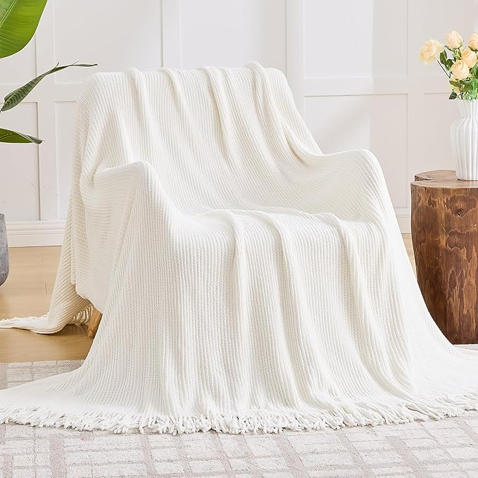 inhand Knitted Throw Blanket for Couch Bed,Chunky Chenille Woven Soft Blankets with Tassels,Cozy Boho Farmhouse Fall Winter Decor,Warm for Women,50"x60",Medium Thick-Off White
