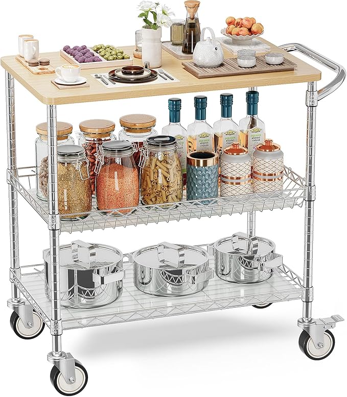 Leteuke Rolling Kitchen Carts with Wheels, 34" L x 17.5" W, 3-Tier Heavy Duty Utility Cart with Wood Tabletop, NSF Commercial Metal Serving Cart with Handle and Shelf Liner for Kitchen, Chrome