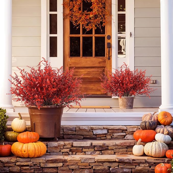 RECUTMS Artificial Greenery for Outdoors Lavender Fall Fake Plants Fake Flowers Outside UV Resistant Faux Greenery Artificial Plants Faux Flowers for Fall Wedding Yard Window Autumn Decor (Wine Red)